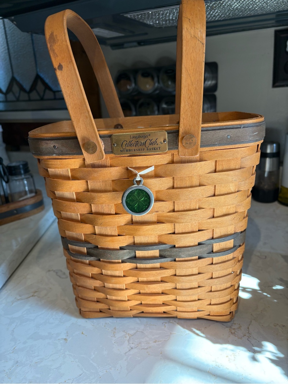 Longaberger Brown Woven Basket with Green Shamrock Medallion